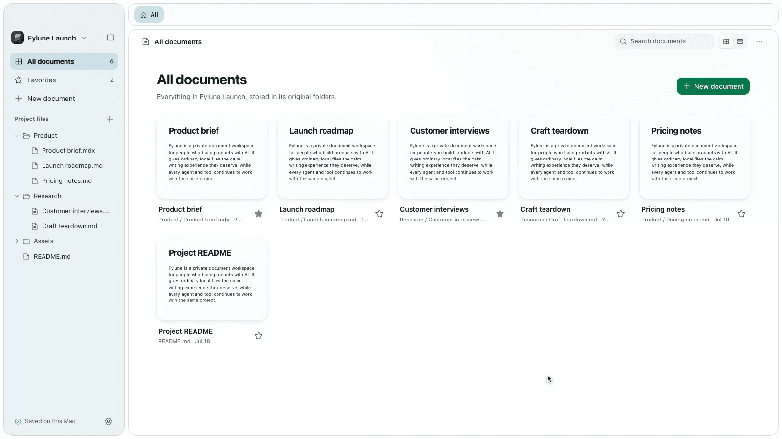 Fylune desktop editor with a Markdown document and local project navigation