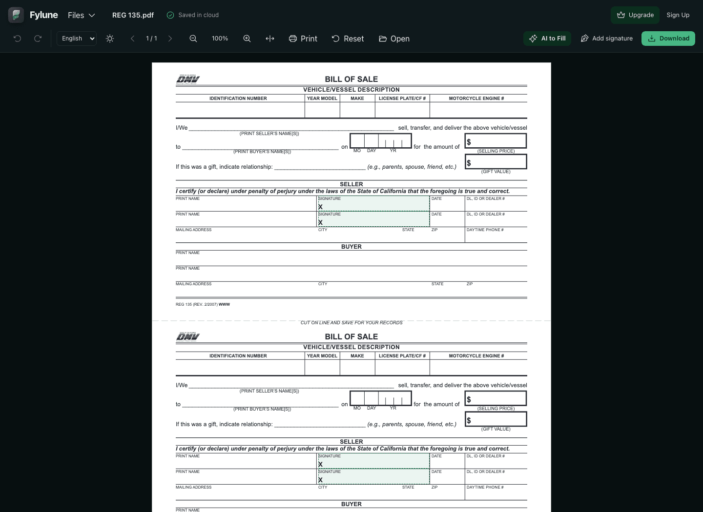 REG 135 in Fylune’s web PDF editor, with form fields and signature areas