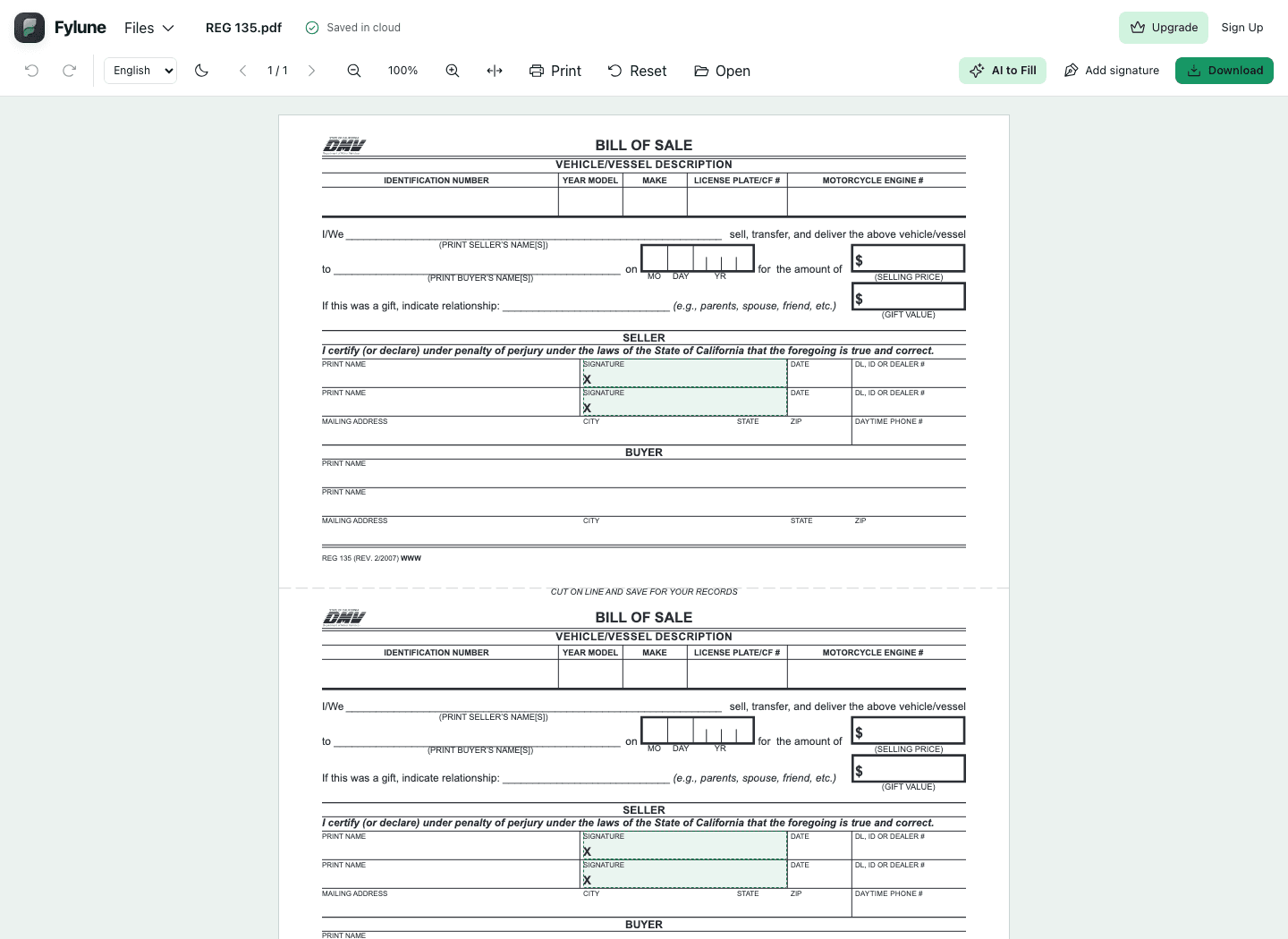 REG 135 in Fylune’s web PDF editor, with form fields and signature areas